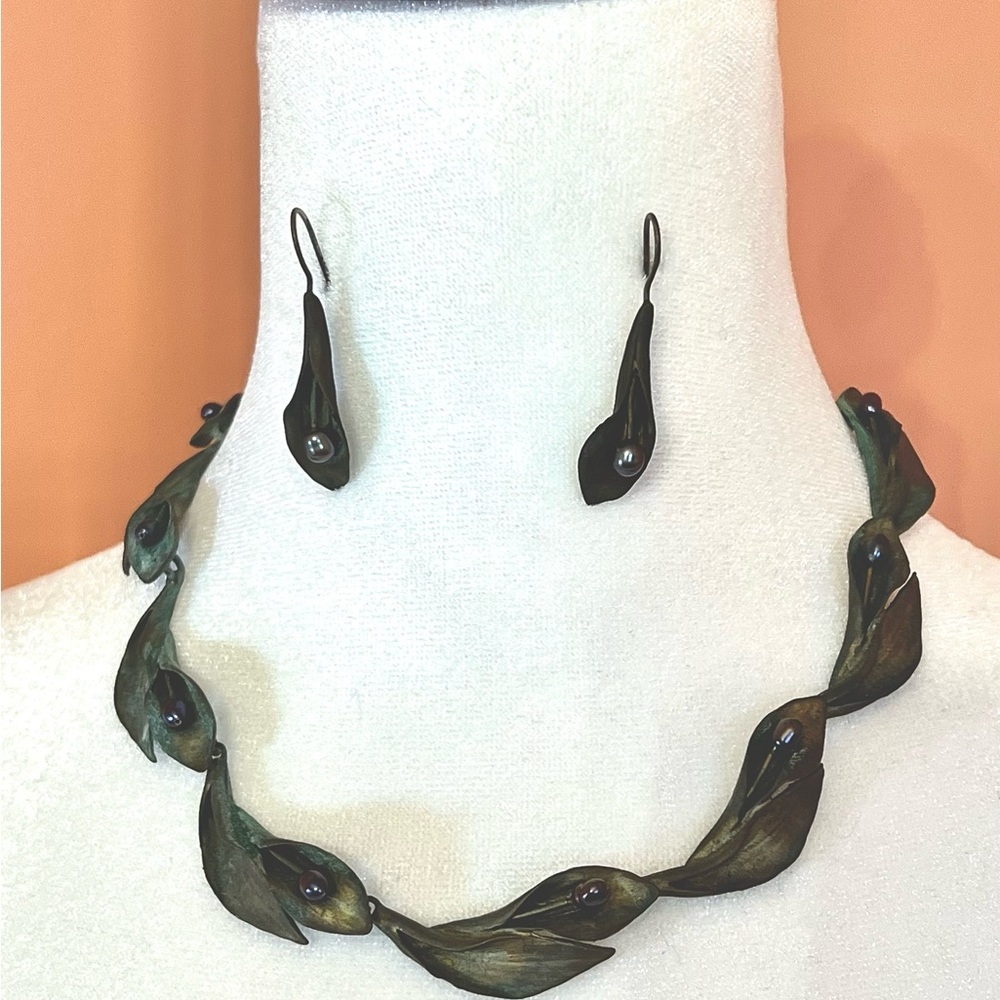Michael Michaud Bronze & Pearl Botanical Leaf Collar Necklace & Earrings Set